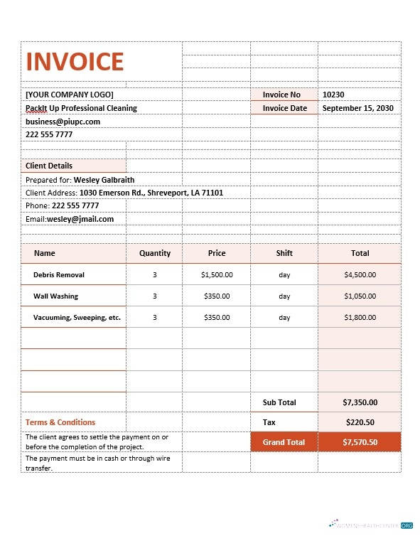Download Cleaning Services Contract Agreement Invoice Template Photoshop template